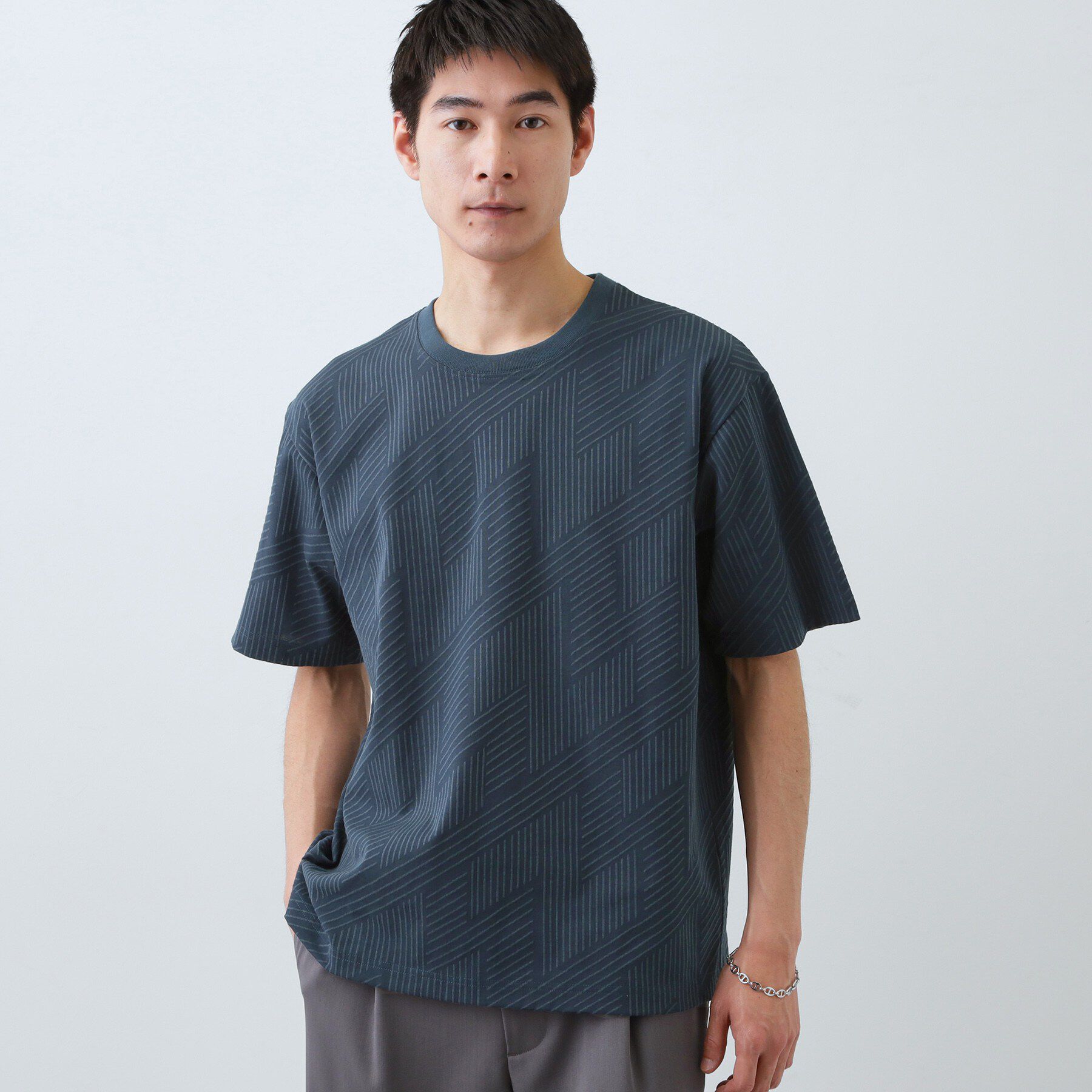 THE SHOP TK「【無地だと少し物足りないという方へ】ジオメトリック柄 半袖Tシャツ 洗濯機OK」|Tシャツ・カットソー|ブルーグリーン(09