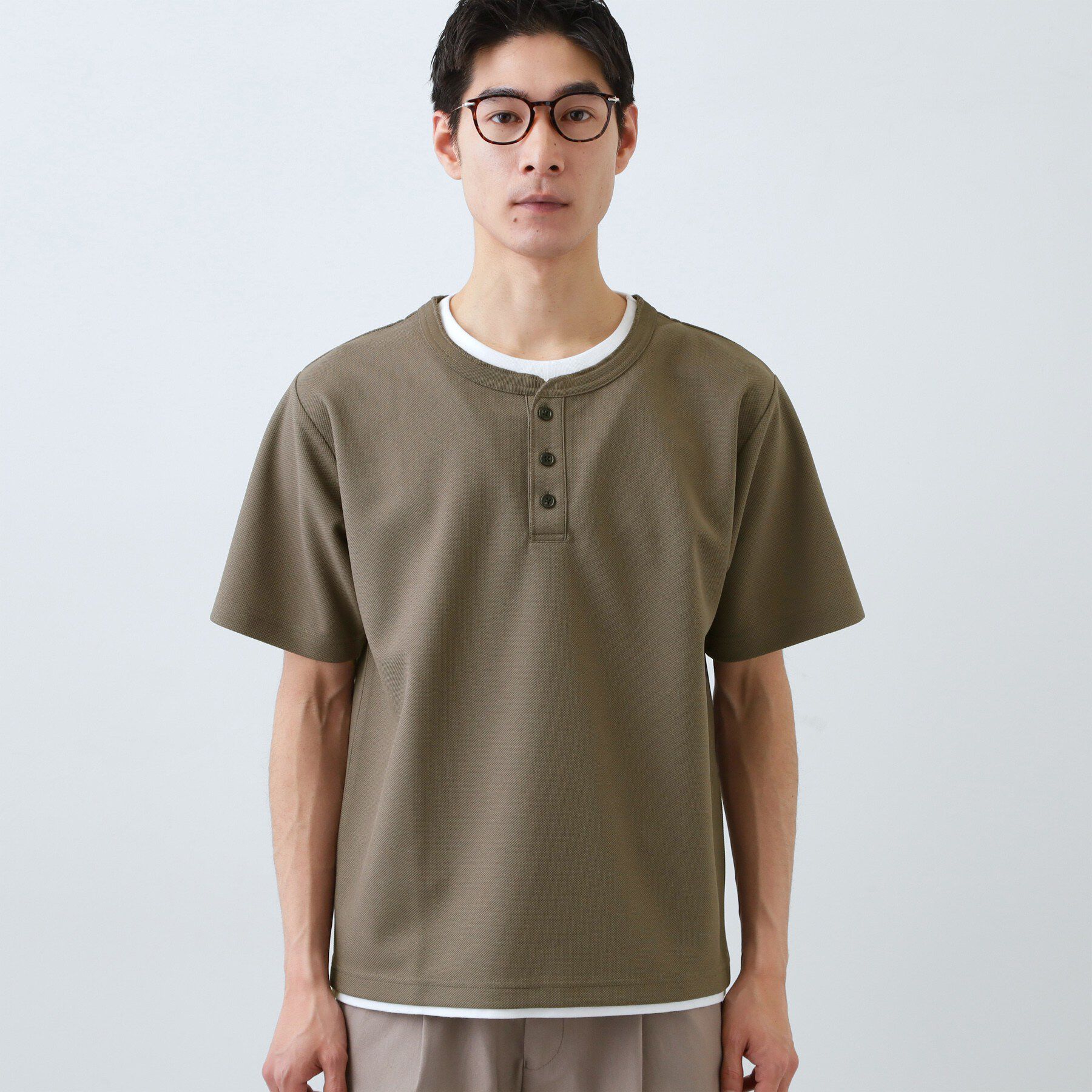 THE SHOP TK「【1枚でちゃんとして見える】ヘンリーネック レイヤード風 半袖Tシャツ 洗濯機OK」|Tシャツ・カットソー|