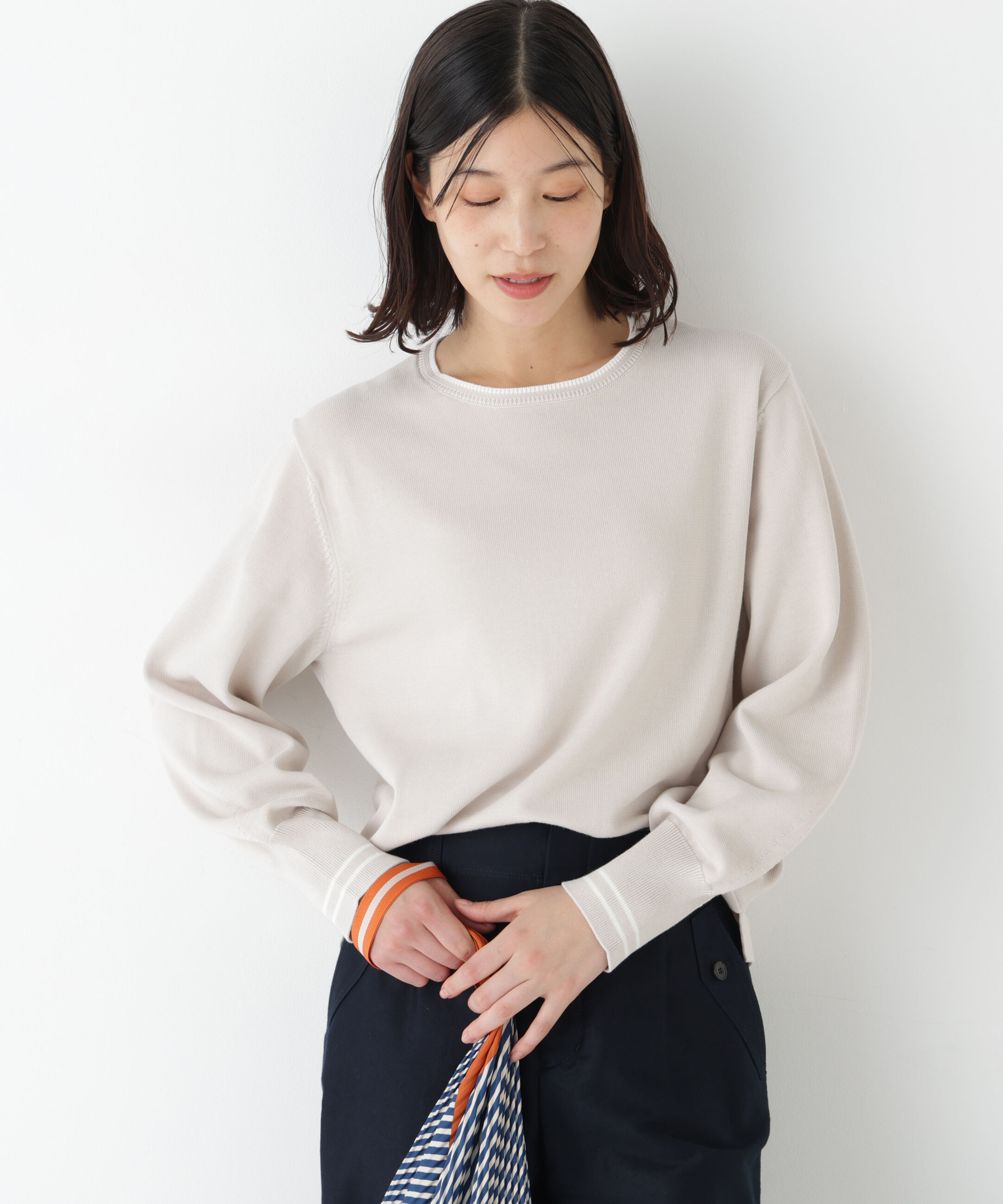  「◆《ウォッシャブル》オーガニックコットン混ライン入プルオーバー」|ニット・セーター|グレージュ&times;  2