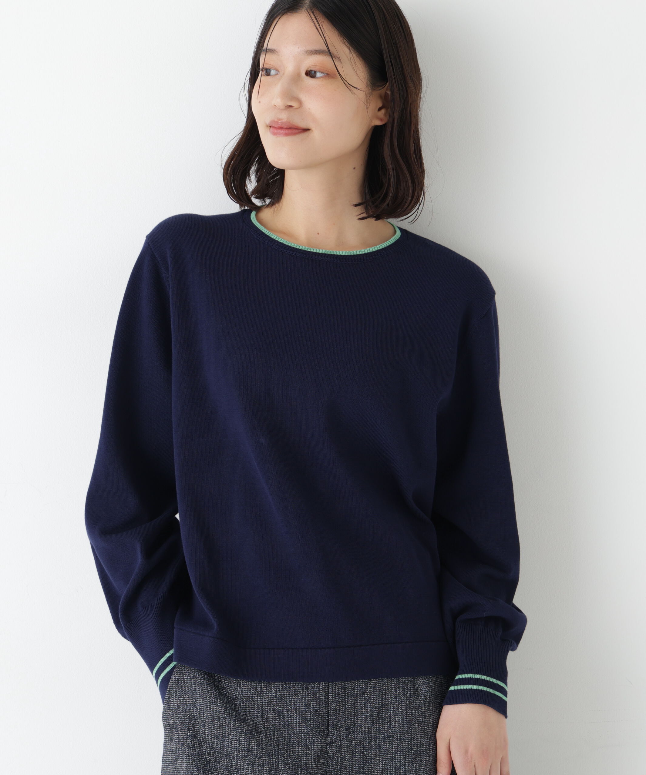  「◆《ウォッシャブル》オーガニックコットン混ライン入プルオーバー」|ニット・セーター|ネイビー&times;グリ