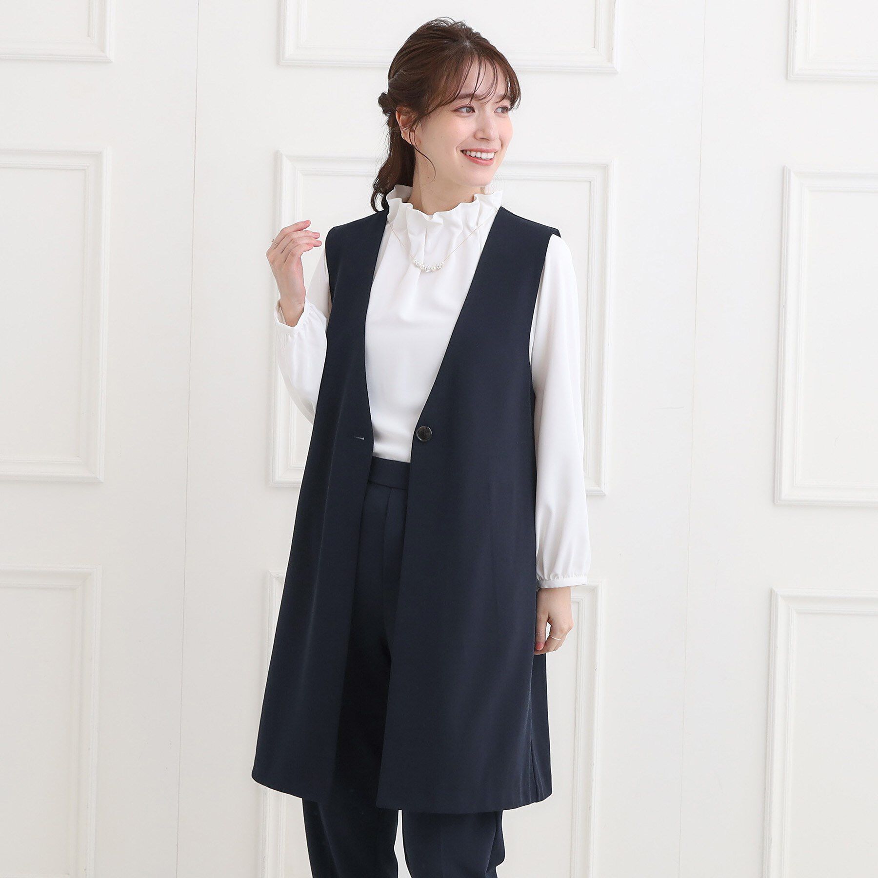 SHOO･LA･RUE「【洗濯機可/セットアップ可/S-3L】きちんと楽に。カットジョーゼット ロングジレ」|ベスト・ジレ|