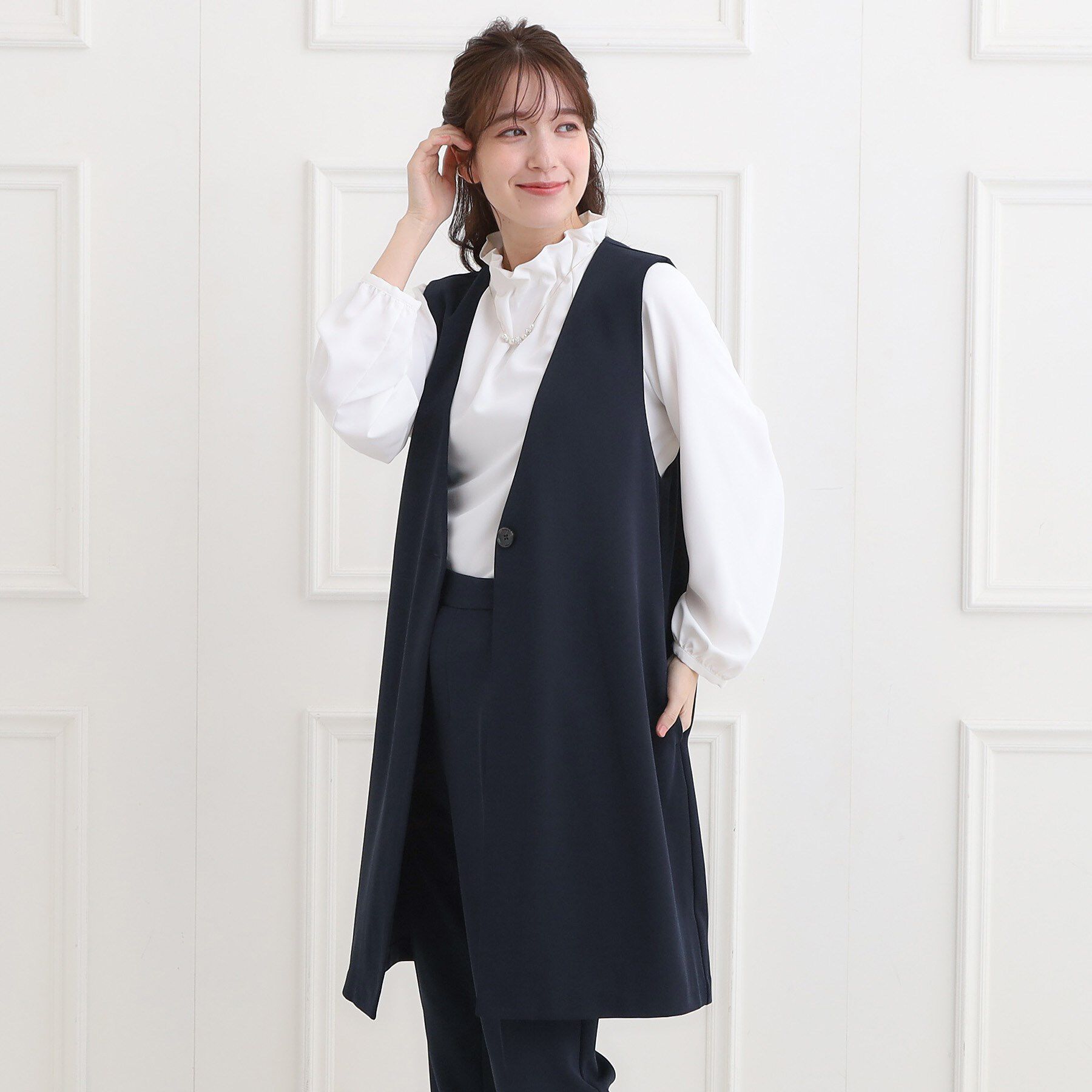 SHOO･LA･RUE「【洗濯機可/セットアップ可/S-3L】きちんと楽に。カットジョーゼット ロングジレ」|ベスト・ジレ|