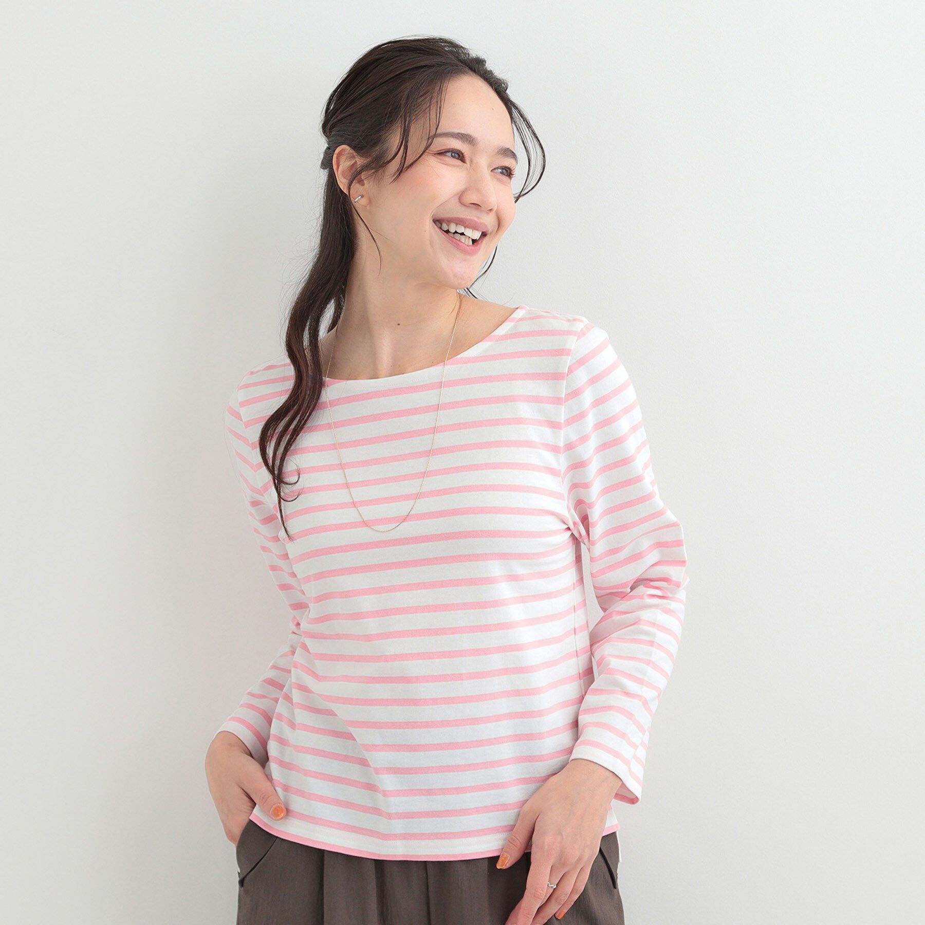 SHOO･LA･RUE「【S-LL/洗濯機可】着こなしいろいろ 首元すっきりボートネック ボーダーロンT」|Tシャツ・カットソー|