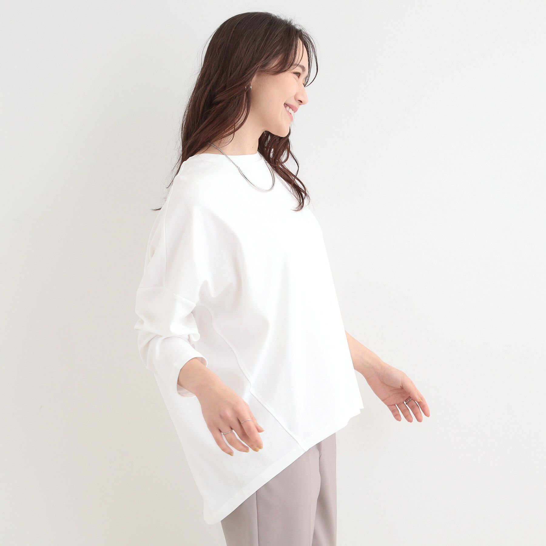 SHOO･LA･RUE「【洗濯機可/UV/綿100％】体系カバーの叶う 七分袖ゆるトップス」|Tシャツ・カットソー|