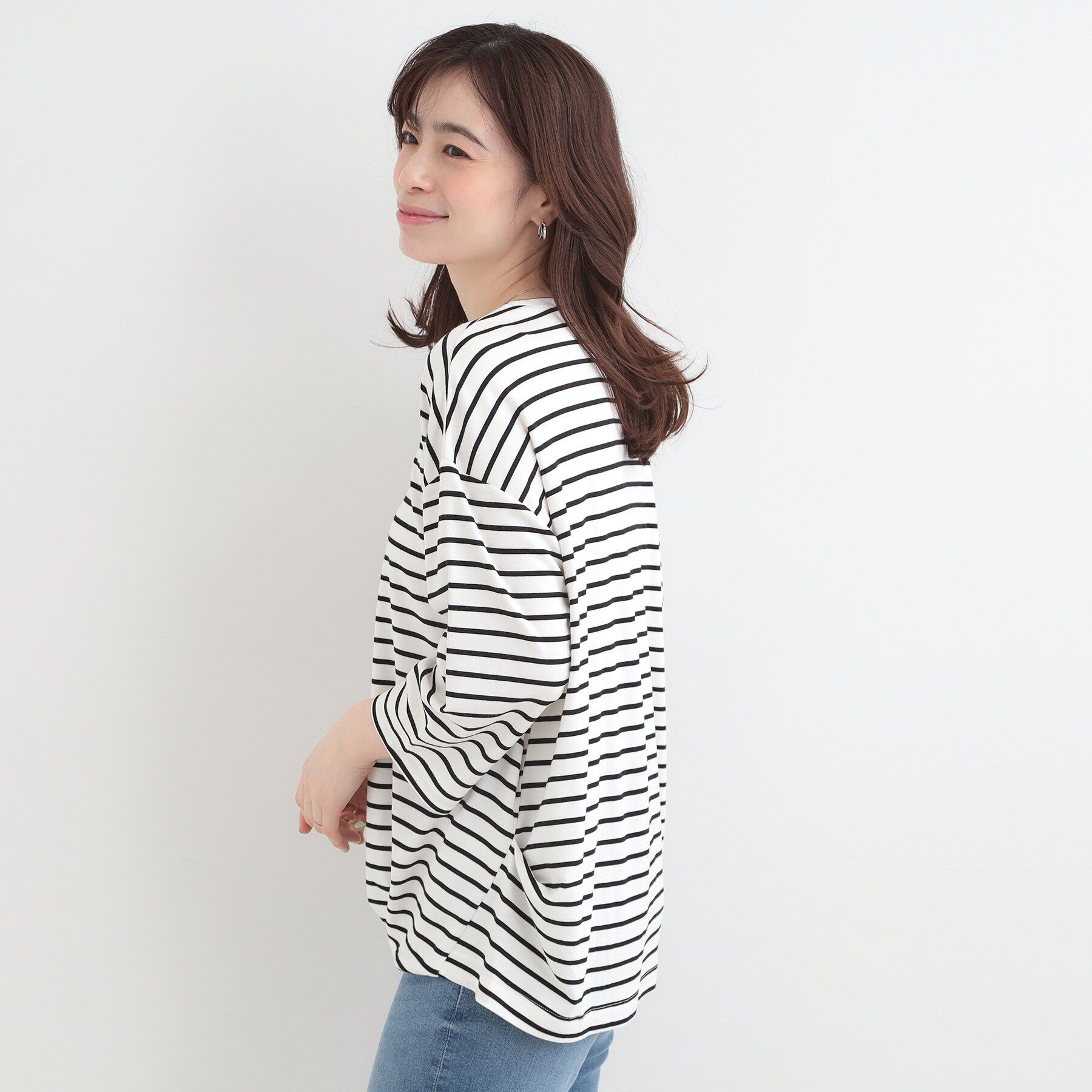 SHOO･LA･RUE「【ひんやり/UV/インしない】とろみフロントタック7分袖ゆるトップス」|Tシャツ・カットソー|