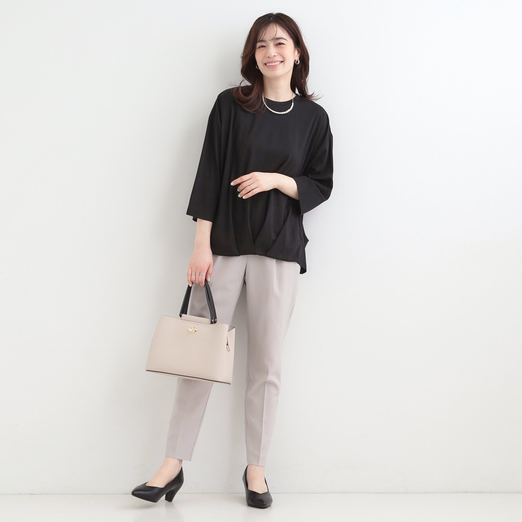 SHOO･LA･RUE「【ひんやり/UV/インしない】とろみフロントタック7分袖ゆるトップス」|Tシャツ・カットソー|