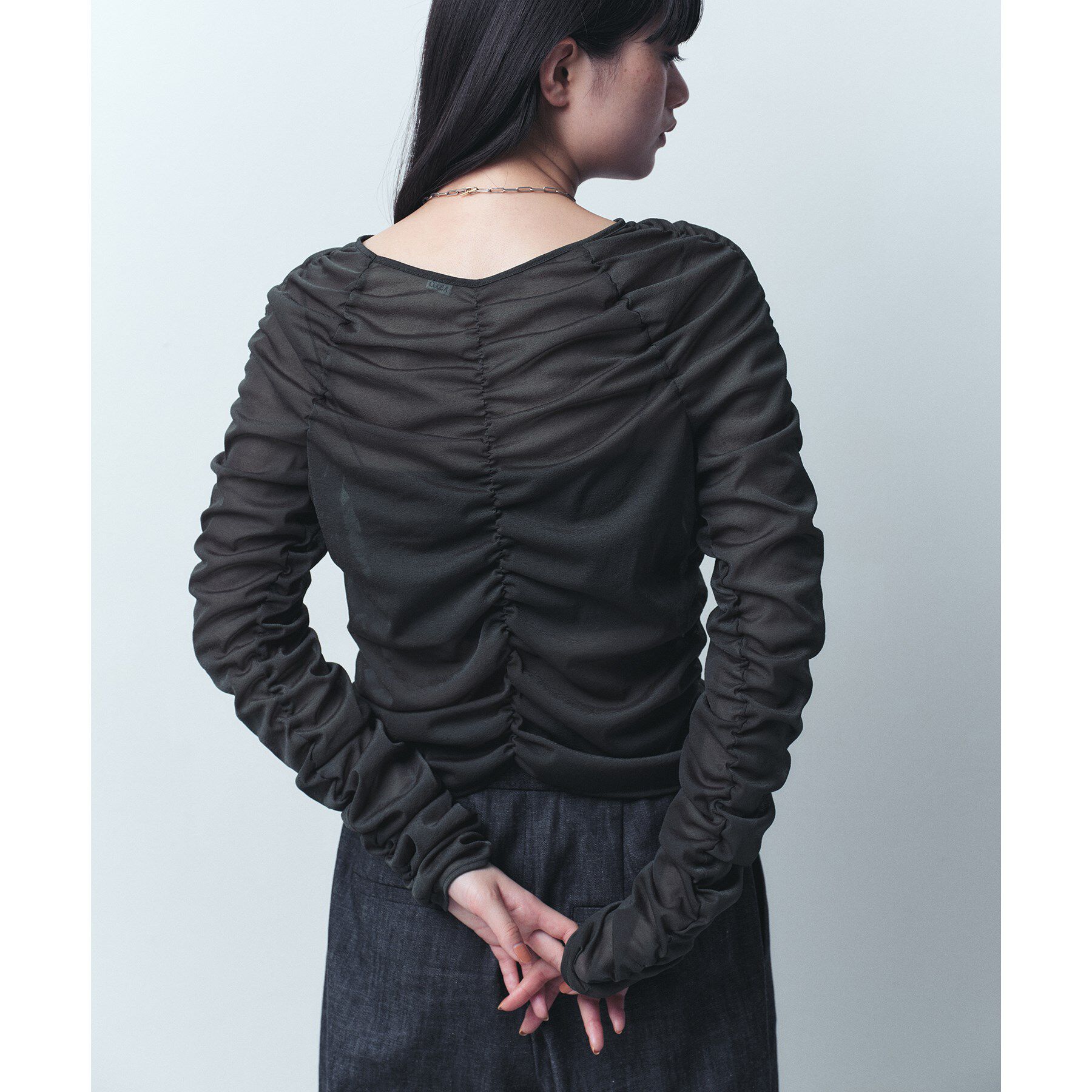 CODE A「sheer gathered jersey top」|Tシャツ・カットソー|グレー(012)
