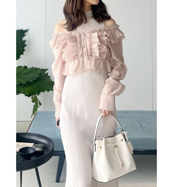 MERCURYDUO「異素材ドッキングラッフルニットワンピース」|ワンピース|ベージュ