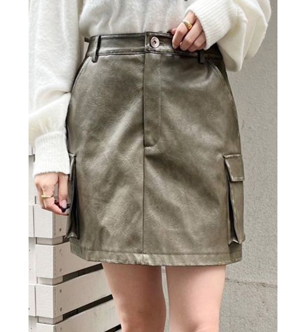 MURUA「ヴィンテージライクフェイクレザーミニスカート」|スカート|カーキ