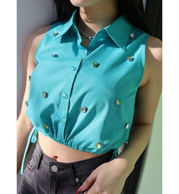 EVRIS「ビジューノースリーブクロップドシャツ」|シャツ・ブラウス|