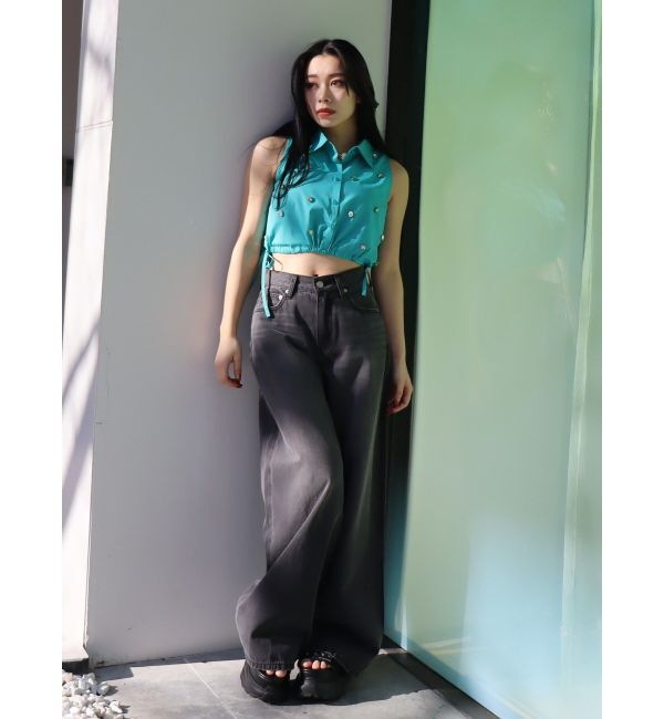 EVRIS「ビジューノースリーブクロップドシャツ」|シャツ・ブラウス|