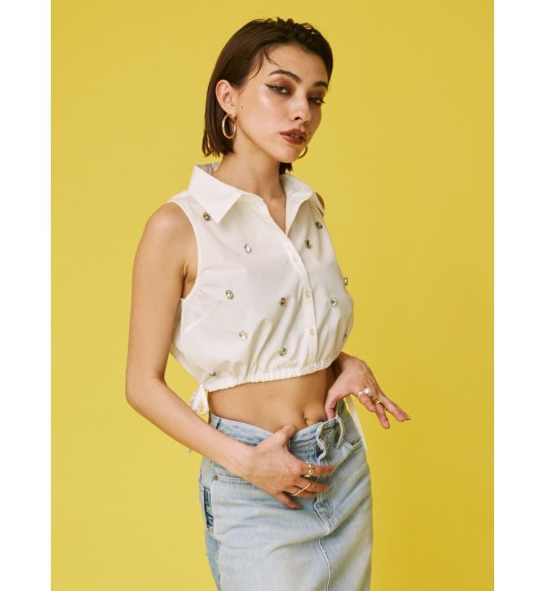 EVRIS「ビジューノースリーブクロップドシャツ」|シャツ・ブラウス|