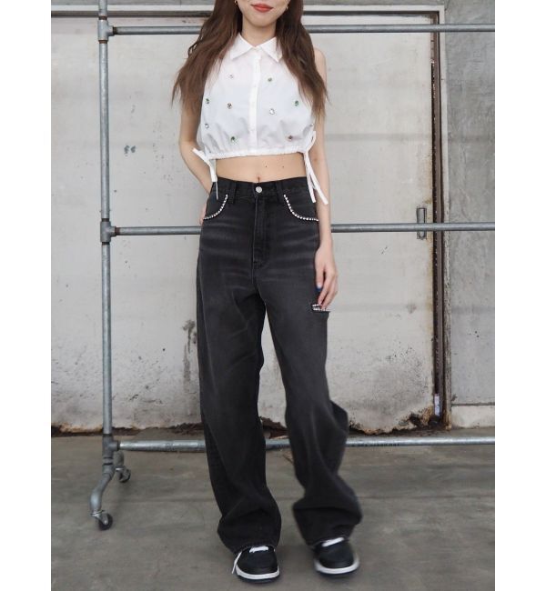 EVRIS「ビジューノースリーブクロップドシャツ」|シャツ・ブラウス|