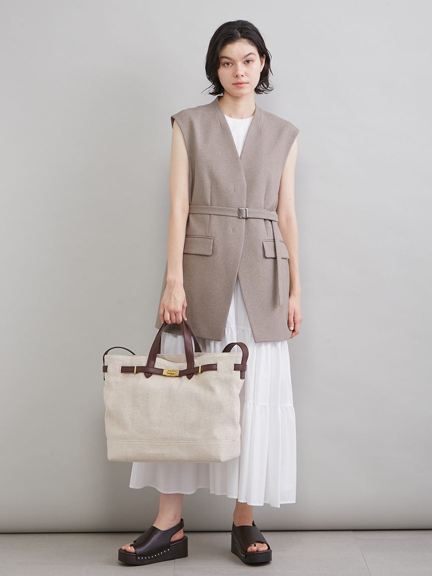 Mila Owen「共ベルト付きオーバーサイズノーカラーベスト」|ダウンベスト・ベスト|