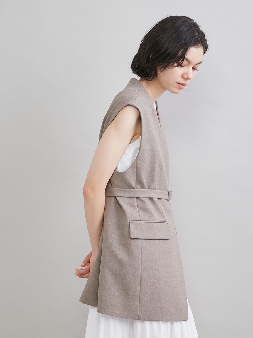 Mila Owen「共ベルト付きオーバーサイズノーカラーベスト」|ダウンベスト・ベスト|