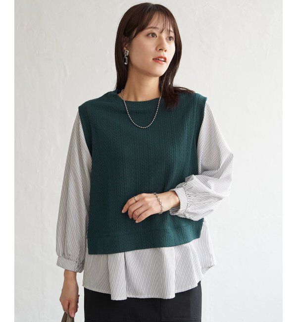 ikka「ケーブル柄レイヤードプルオーバー」|その他|グリーン