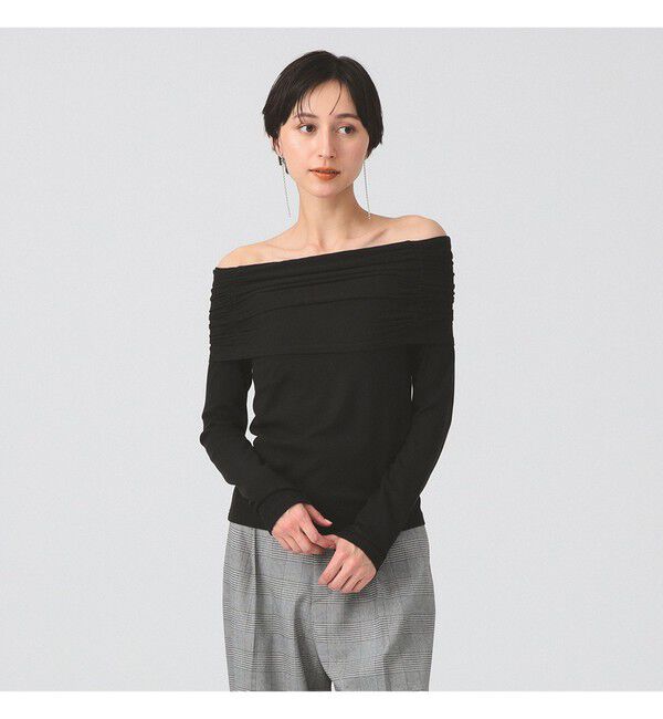 Ray BEAMS 「リブ ギャザー オフショルダー Tシャツ」|Tシャツ・カットソー|BLACK