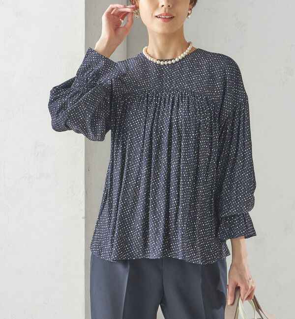 SHIPS for women「〈手洗い可能〉割繊 クルーネック ギャザー ブラウス」|シャツ・ブラウス|ネイビー