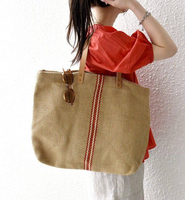 SHIPS any「《予約》TARANGO: ライン デザイン ジュート ビッグ トート（A4対応）」|トートバッグ|オレンジ