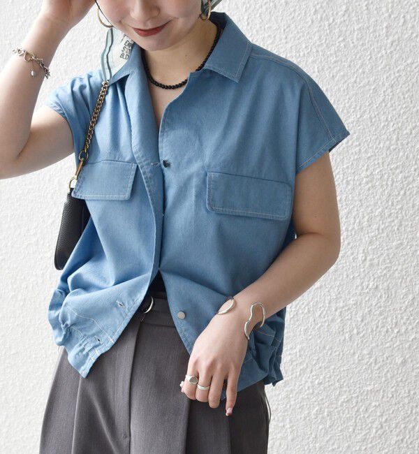 SHIPS any「《予約》SHIPS any:〈洗濯機可能〉シャンブレー デニム フレンチスリーブ ドロスト シャツ」|シャツ・ブラウス|