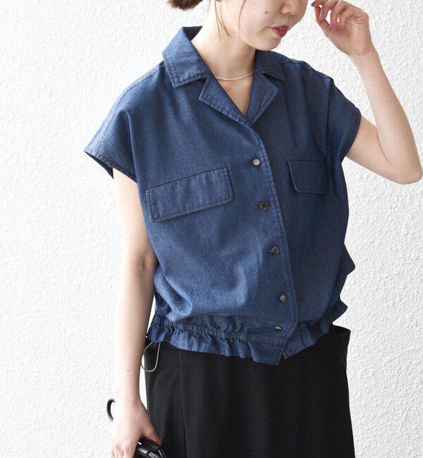 SHIPS any「《予約》SHIPS any:〈洗濯機可能〉シャンブレー デニム フレンチスリーブ ドロスト シャツ」|シャツ・ブラウス|ブルー