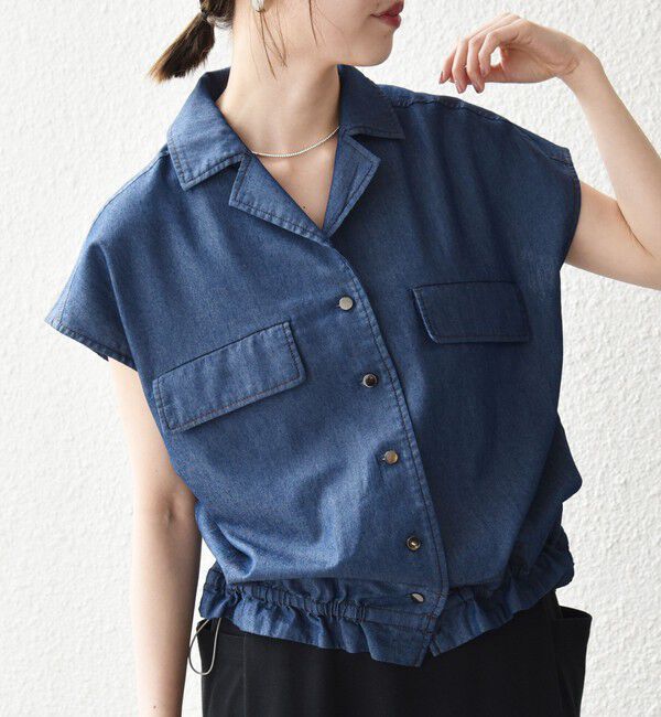 SHIPS any「《予約》SHIPS any:〈洗濯機可能〉シャンブレー デニム フレンチスリーブ ドロスト シャツ」|シャツ・ブラウス|