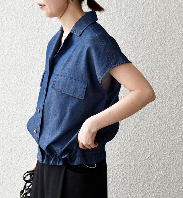 SHIPS any「《予約》SHIPS any:〈洗濯機可能〉シャンブレー デニム フレンチスリーブ ドロスト シャツ」|シャツ・ブラウス|