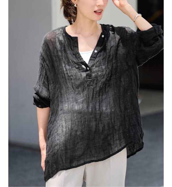 FRAMeWORK「≪追加≫LINENクレープヘンリーネックブラウス 3」|シャツ・ブラウス|ブラック