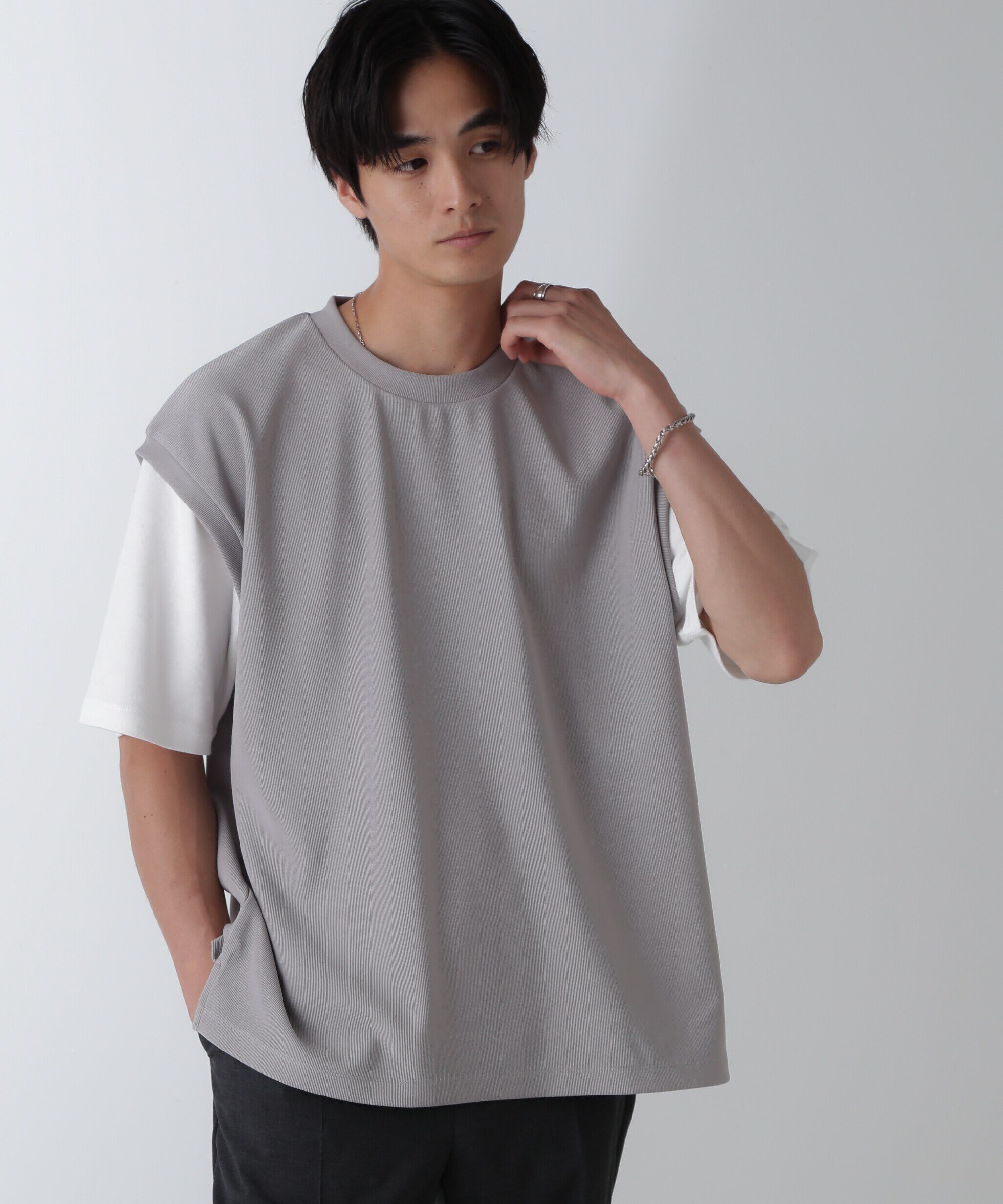 nano･universe「フェイクレイヤードリラックスTシャツ 半袖」|Tシャツ・カットソー|グレー