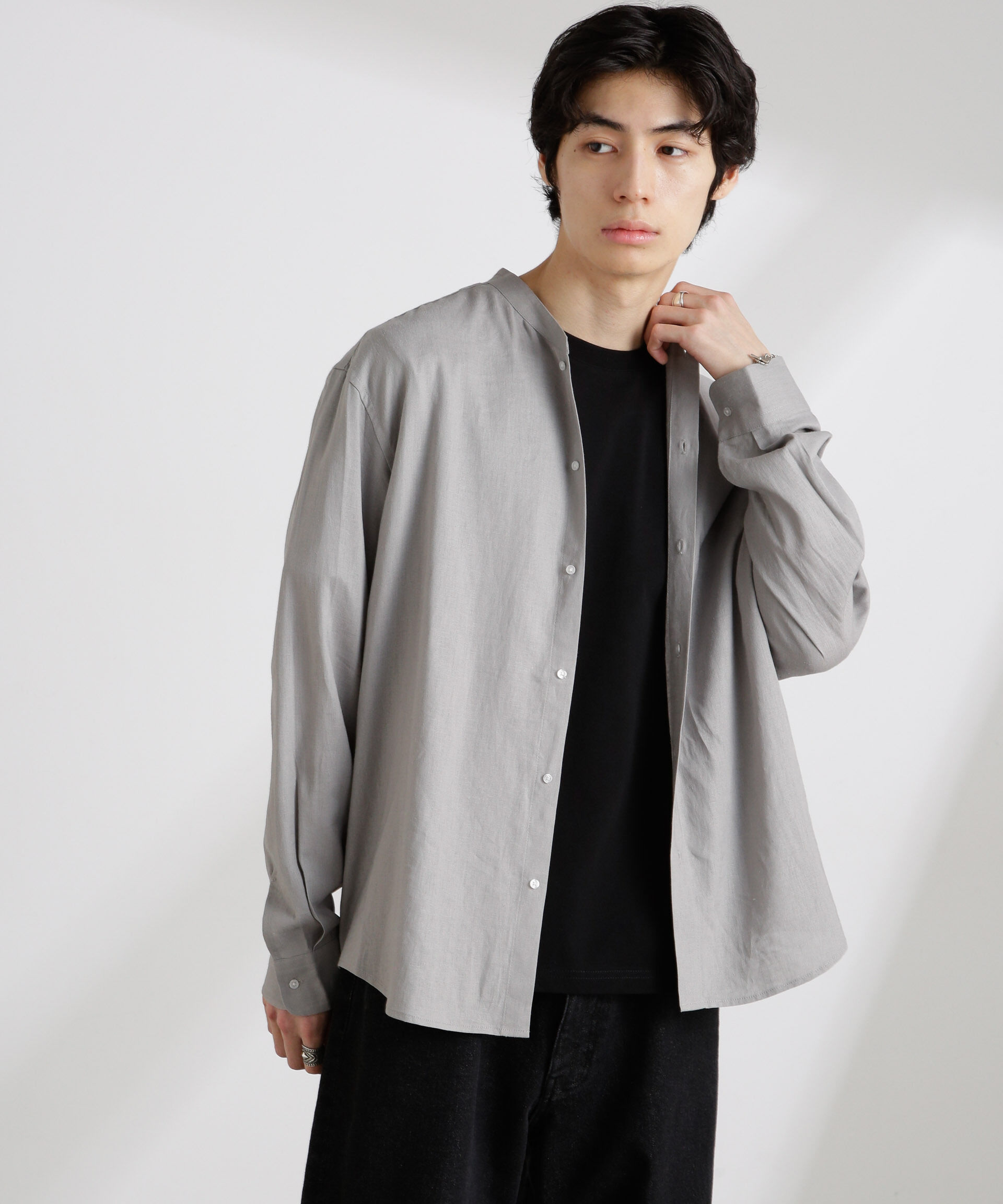 nano･universe「アンチスメルリネン バンドカラーシャツ 長袖」|シャツ・ブラウス|グレー