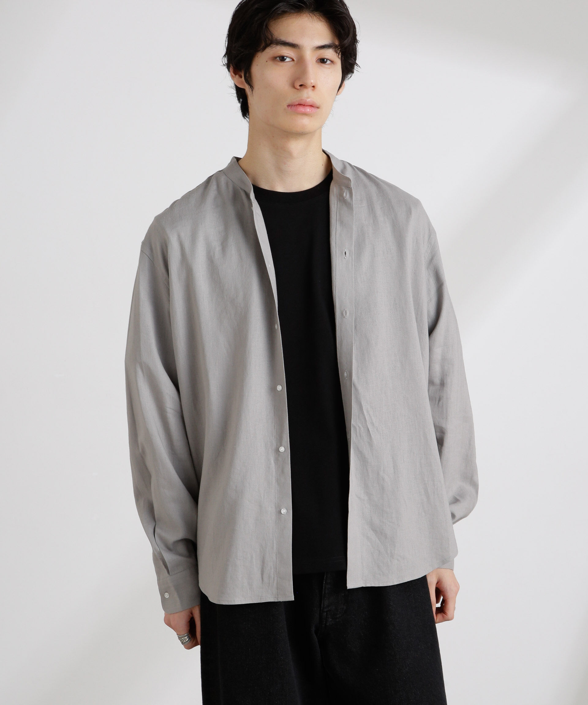 nano･universe「アンチスメルリネン バンドカラーシャツ 長袖」|シャツ・ブラウス|