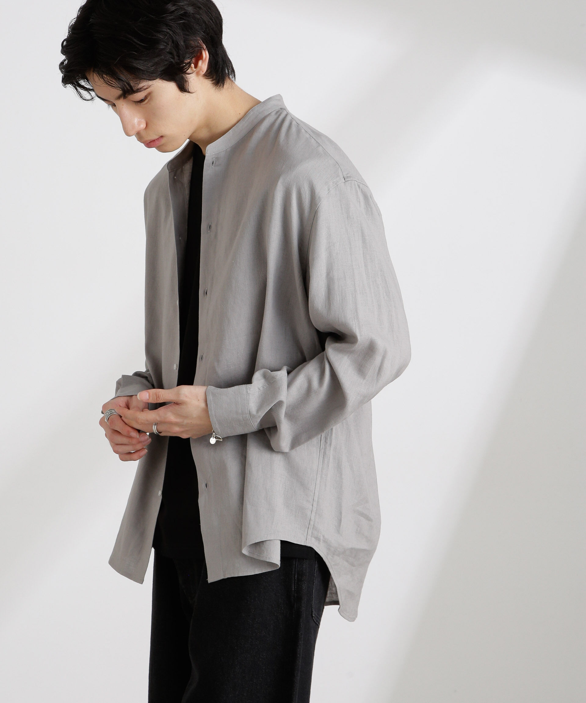 nano･universe「アンチスメルリネン バンドカラーシャツ 長袖」|シャツ・ブラウス|