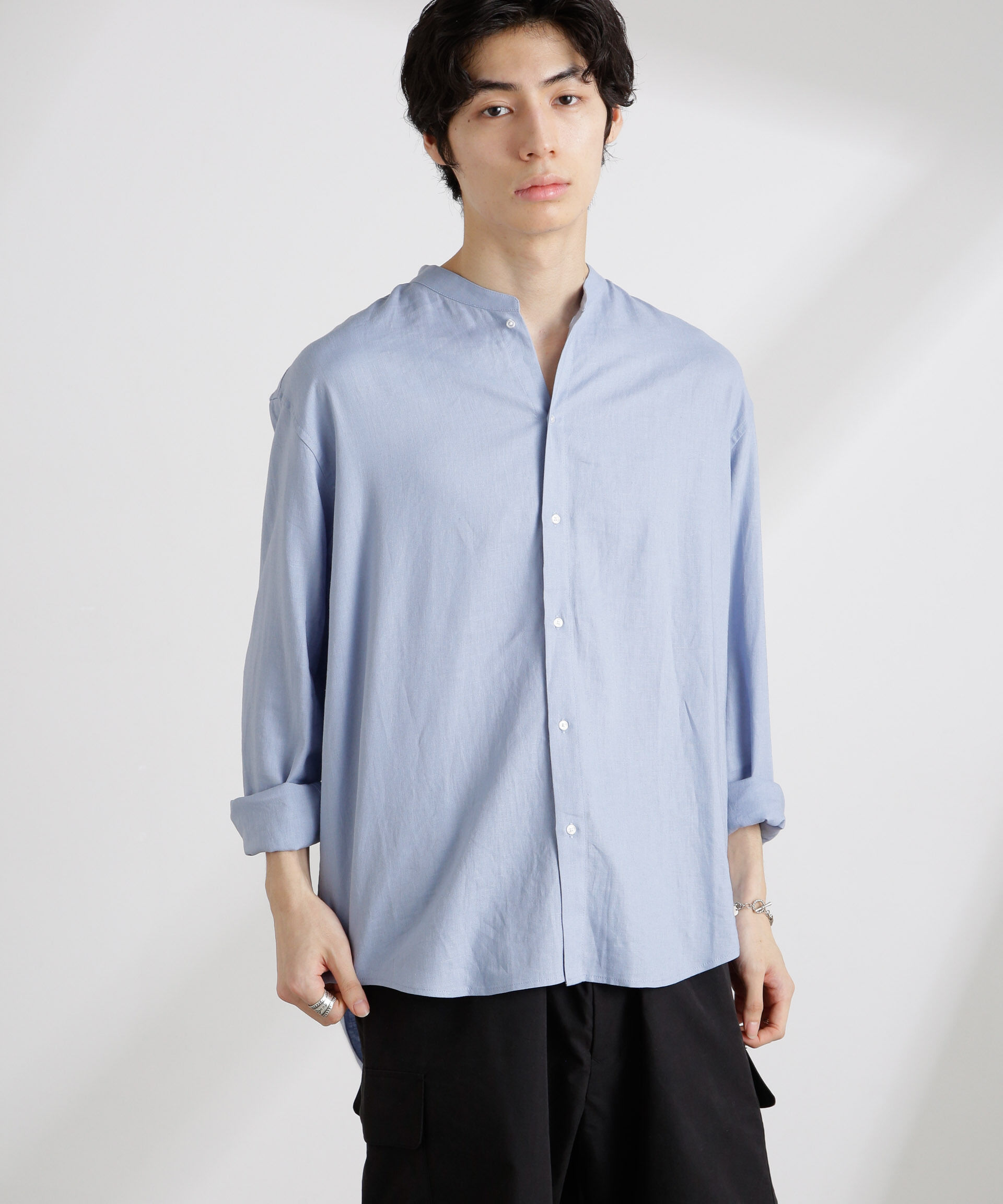 nano･universe「アンチスメルリネン バンドカラーシャツ 長袖」|シャツ・ブラウス|