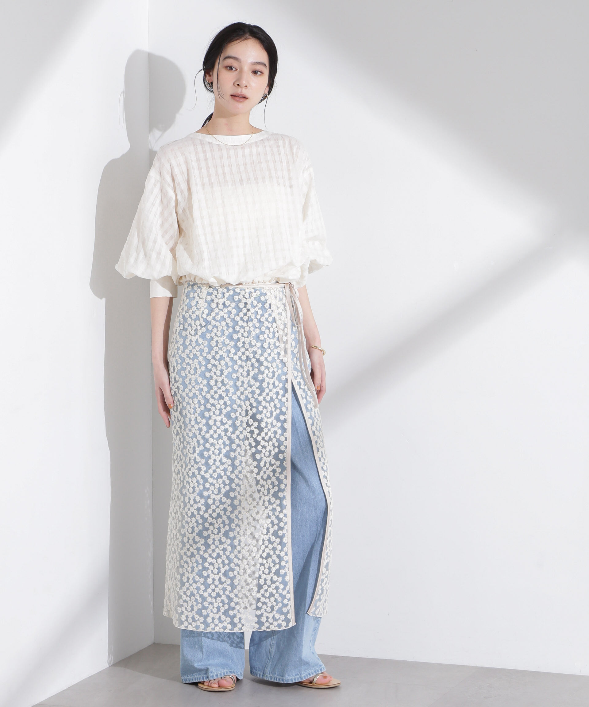 nano･universe「シアーチェックバックオープンバルーンブラウス」|シャツ・ブラウス|