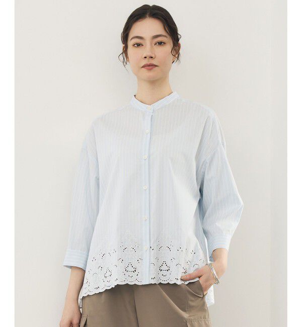 自由区「エンブロイダリーブロードバンドカラー ブラウス」|シャツ・ブラウス|サックス&times;オフ