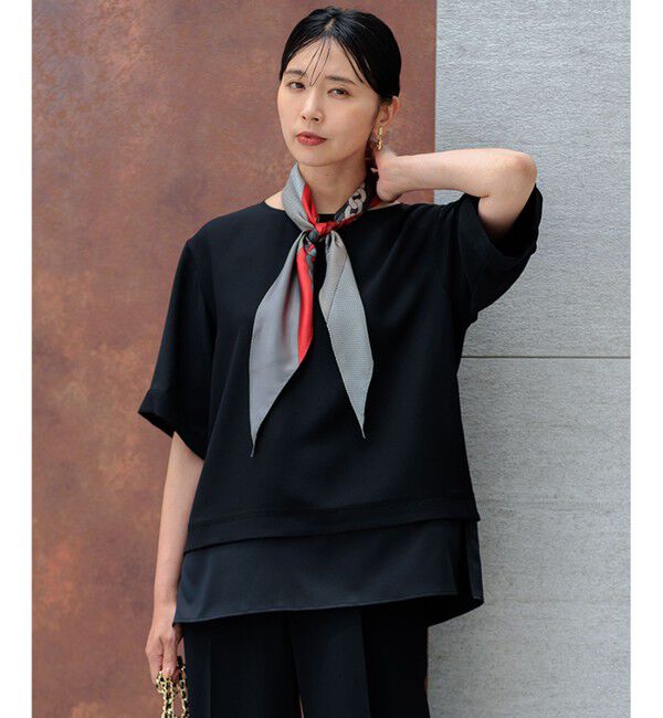 23区「【洗える】ストレッチジョーゼット ラウンドネック カットソー」|Tシャツ・カットソー|ブラック系