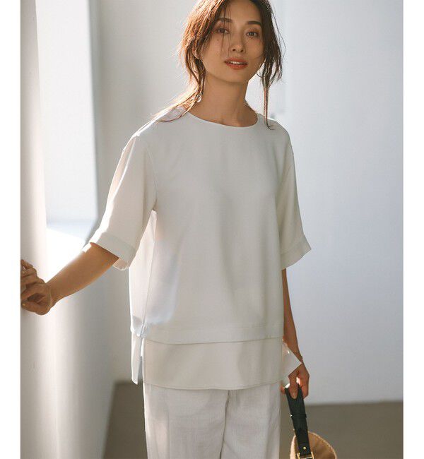 23区「【洗える】ストレッチジョーゼット ラウンドネック カットソー」|Tシャツ・カットソー|ベージュ系