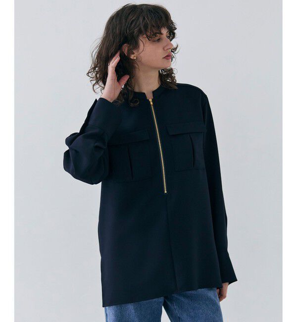 BEIGE,「【洗える】JASMINE / スタンドカラージップブラウス」|シャツ・ブラウス|Navy