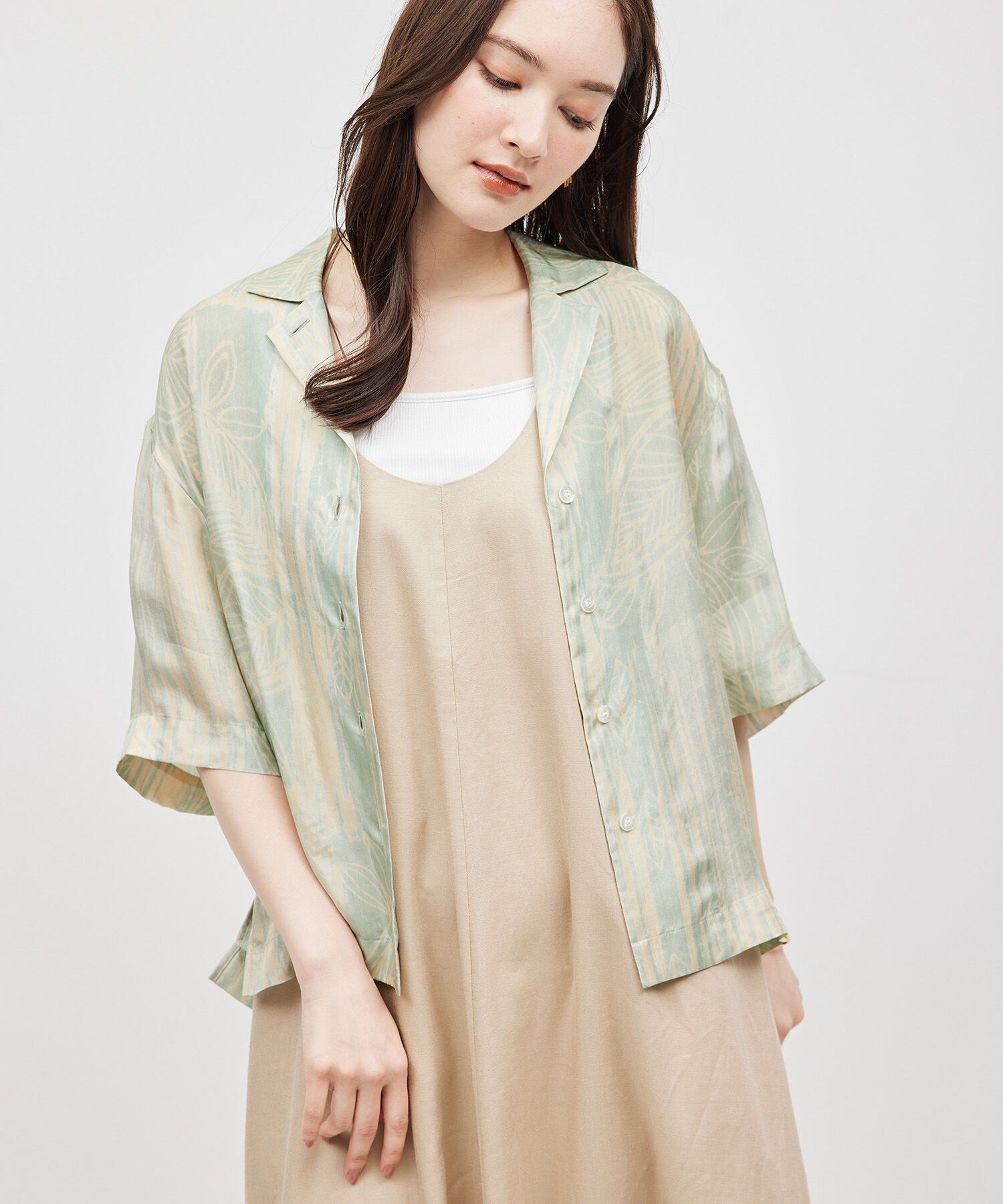 ROPE「【IPEKER】ニュアンスボタニカル開襟シャツ」|シャツ・ブラウス|グリーン系(35)