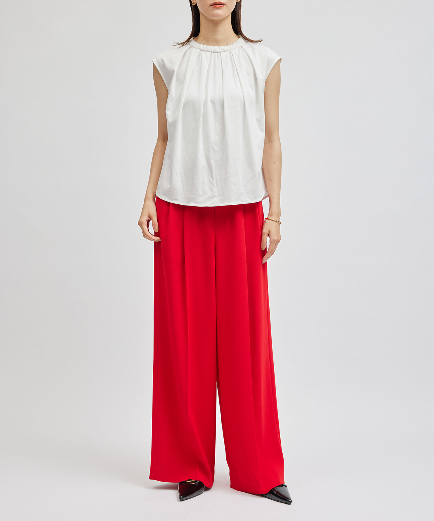 ROPE「サテンギャザーネックフレンチスリーブカットソー」|Tシャツ・カットソー|