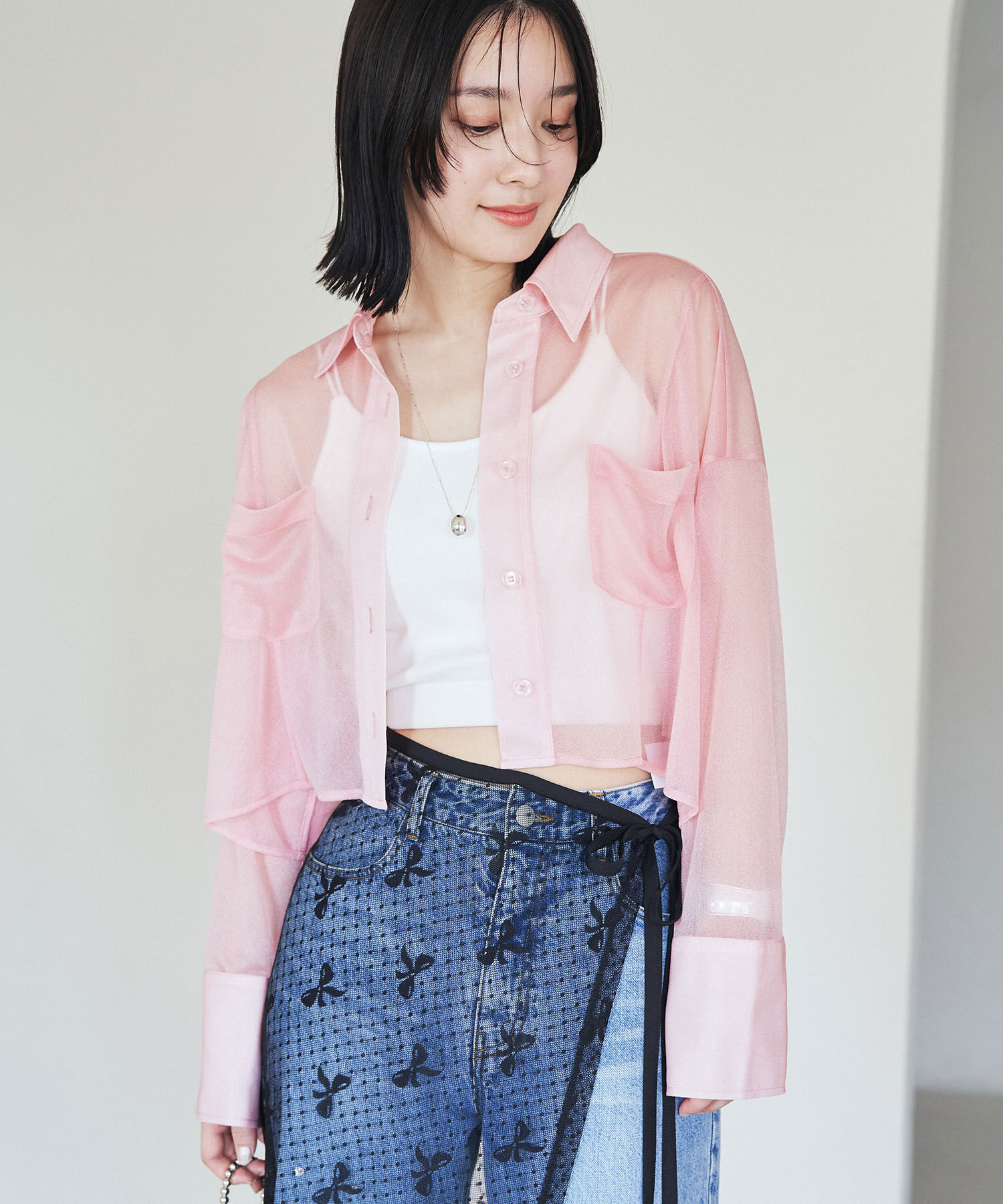 VIS「【洗える】ラメシアークロップド丈シャツ」|シャツ・ブラウス|