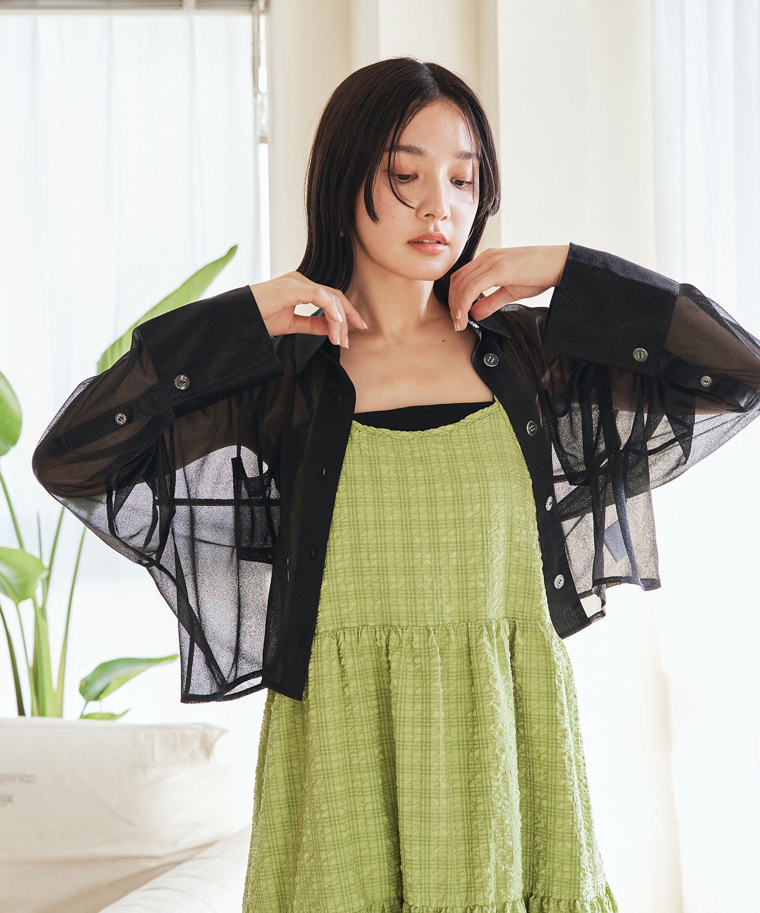 VIS「【洗える】ラメシアークロップド丈シャツ」|シャツ・ブラウス|