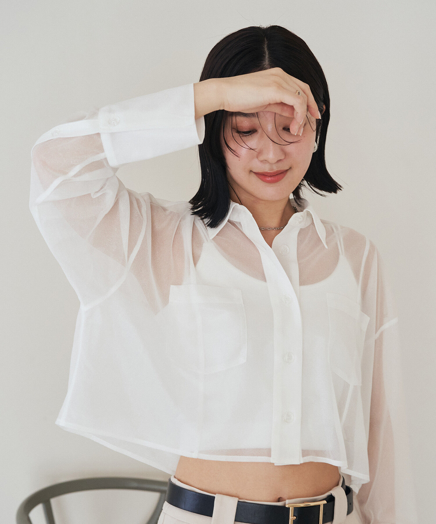 VIS「【洗える】ラメシアークロップド丈シャツ」|シャツ・ブラウス|