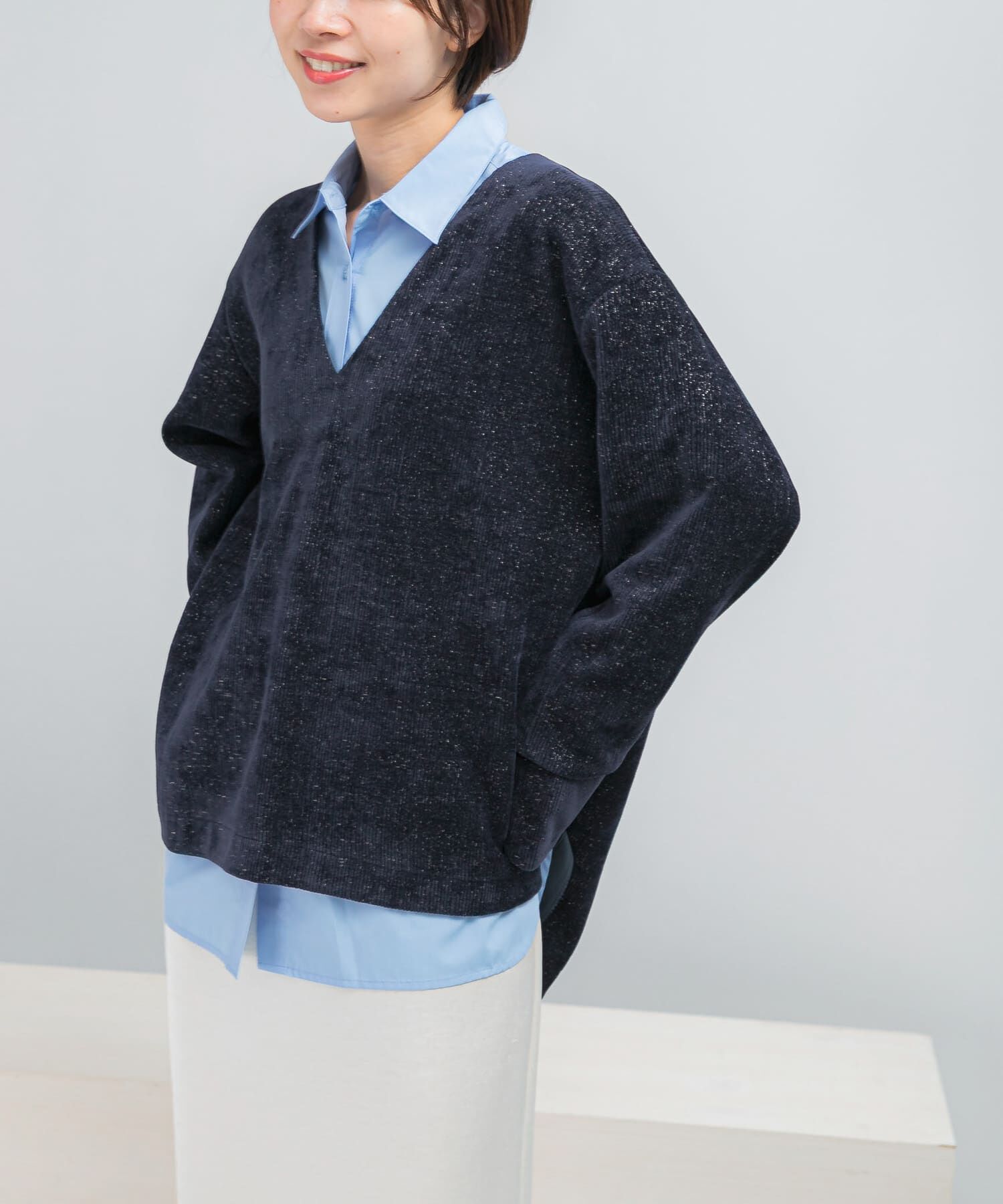 URBAN RESEARCH ROSSO「Vネックモールラメプルオーバー」|Tシャツ・カットソー|ネイビー