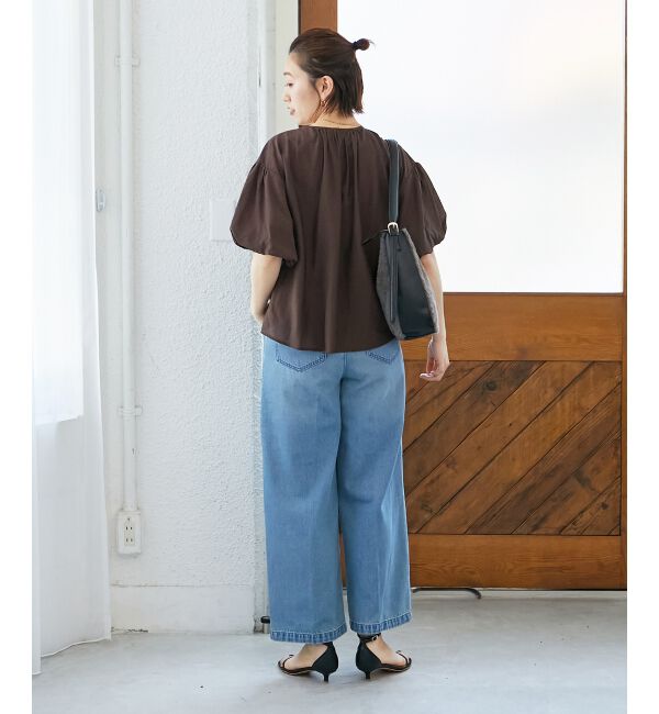  「《手洗い可能》サテンノーカラーバルーンブラウス」|シャツ・ブラウス|