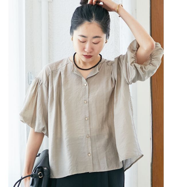  「《手洗い可能》サテンノーカラーバルーンブラウス」|シャツ・ブラウス|
