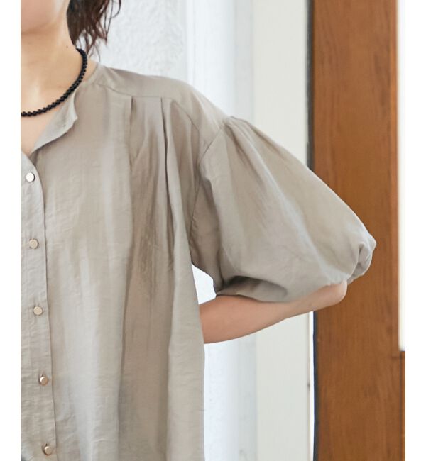  「《手洗い可能》サテンノーカラーバルーンブラウス」|シャツ・ブラウス|