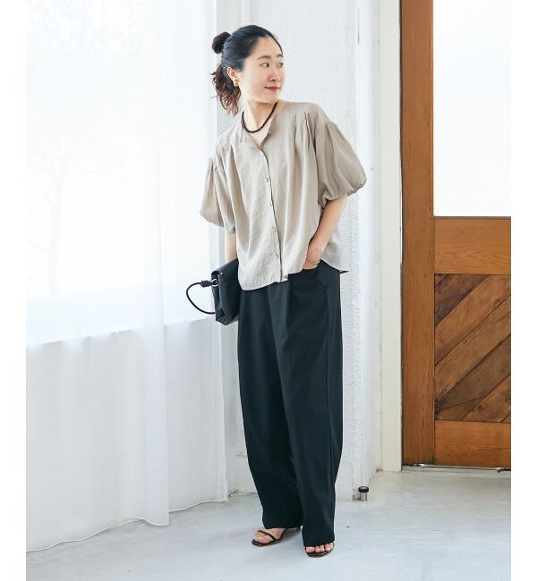  「《手洗い可能》サテンノーカラーバルーンブラウス」|シャツ・ブラウス|