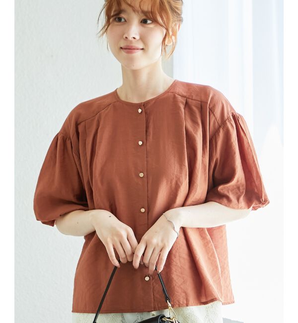  「《手洗い可能》サテンノーカラーバルーンブラウス」|シャツ・ブラウス|