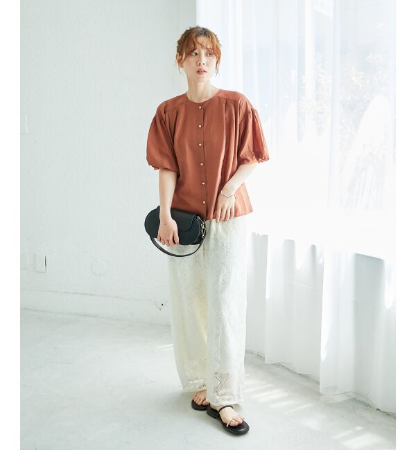  「《手洗い可能》サテンノーカラーバルーンブラウス」|シャツ・ブラウス|